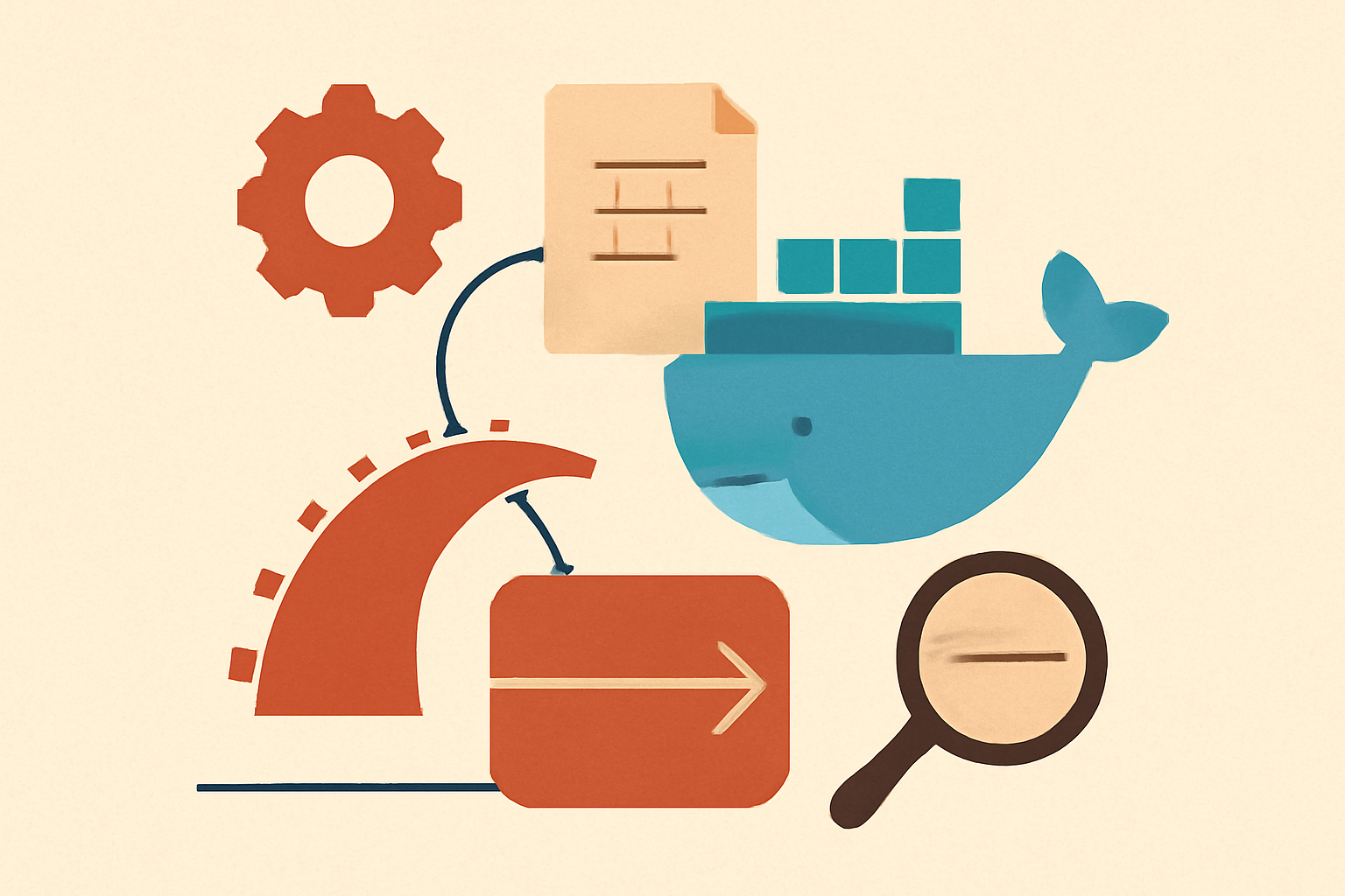 An abstract illustration to accompany an article titled “What It Took to Deploy This Site with Kamal”. The article co...